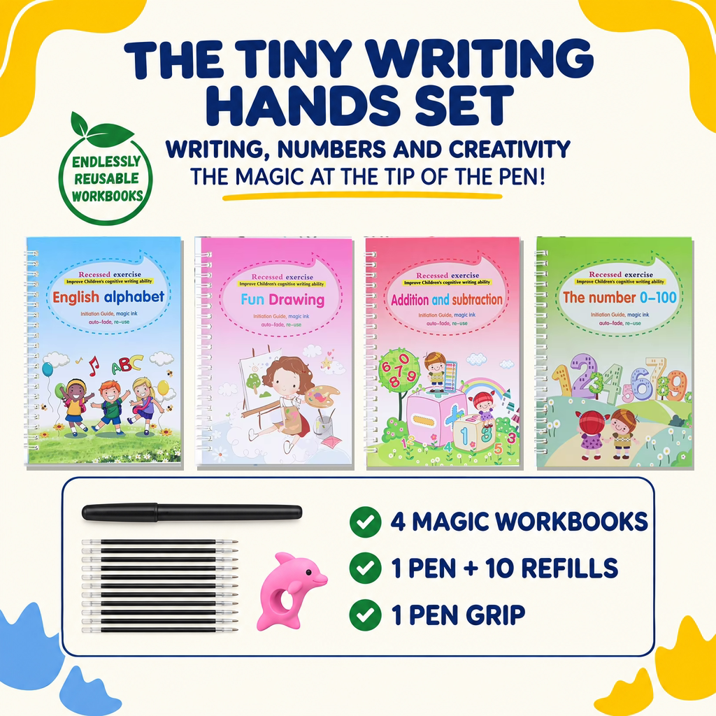 Tiny Writing Hands set: four reusable workbooks, pen, 10 refills and pen grip