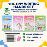 Tiny Writing Hands set: four reusable workbooks, pen, 10 refills and pen grip