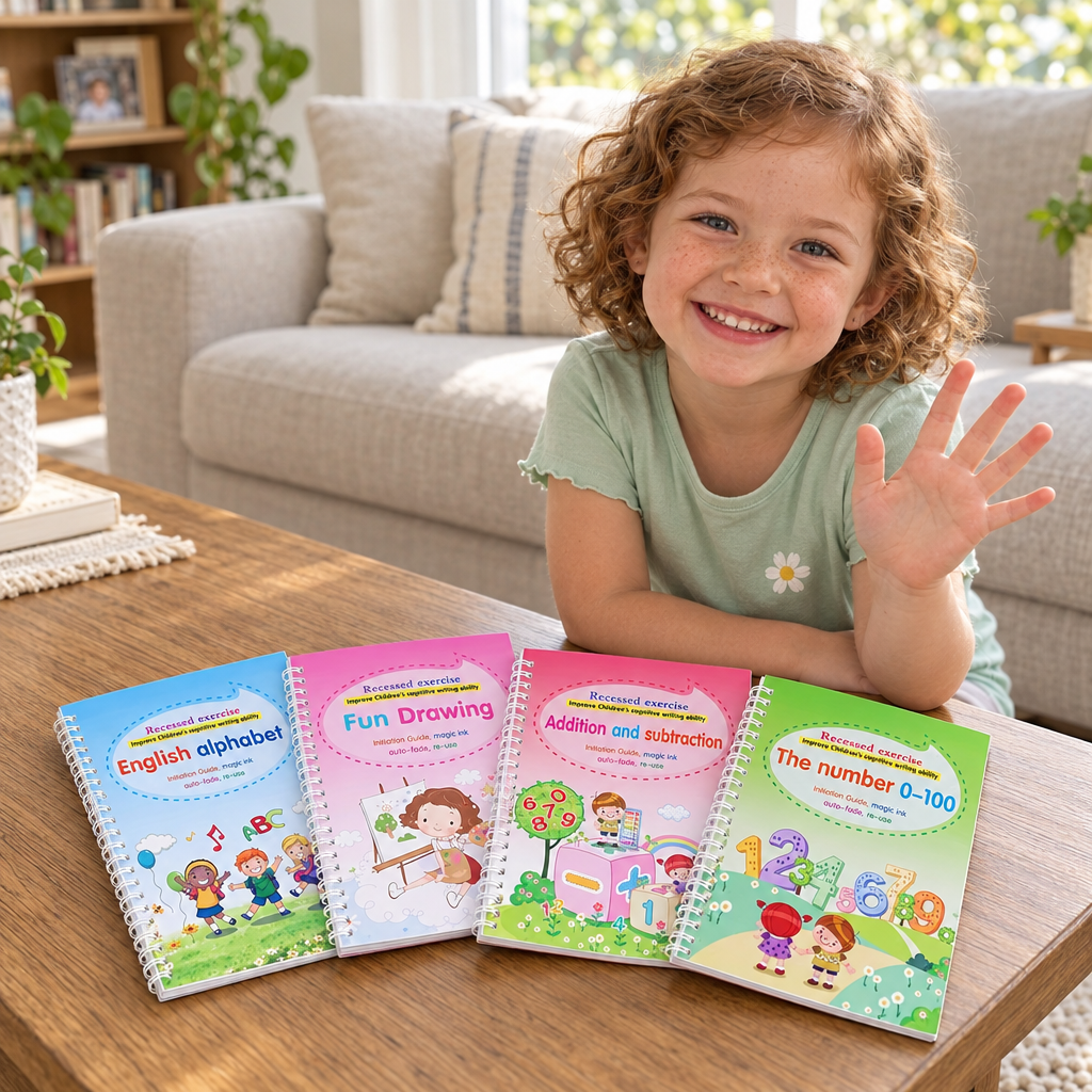 Smiling girl with four reusable handwriting workbooks
