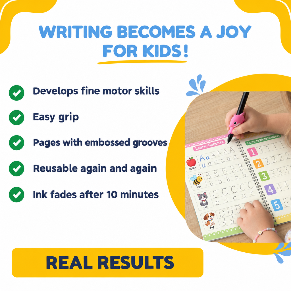 Writing becomes a joy for kids: key features and a child tracing a letter