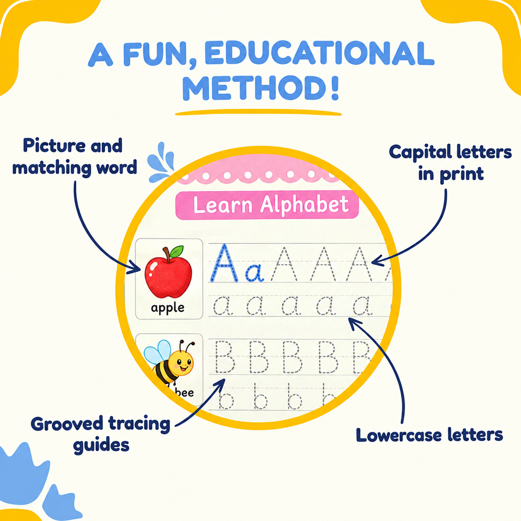 A fun, educational method: picture, capital letters, lowercase letters and grooves