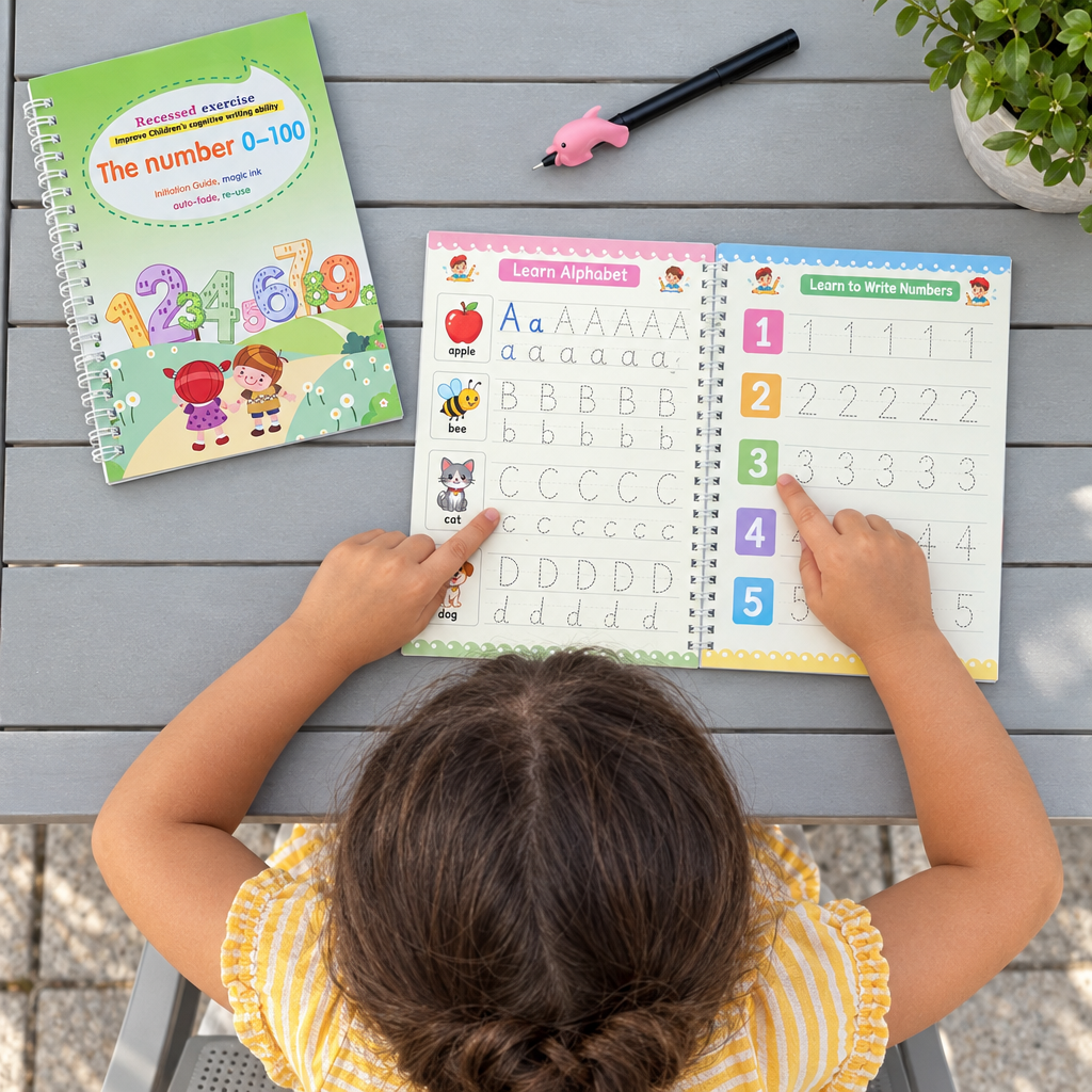 Child tracing numbers in an open reusable workbook, seen from above