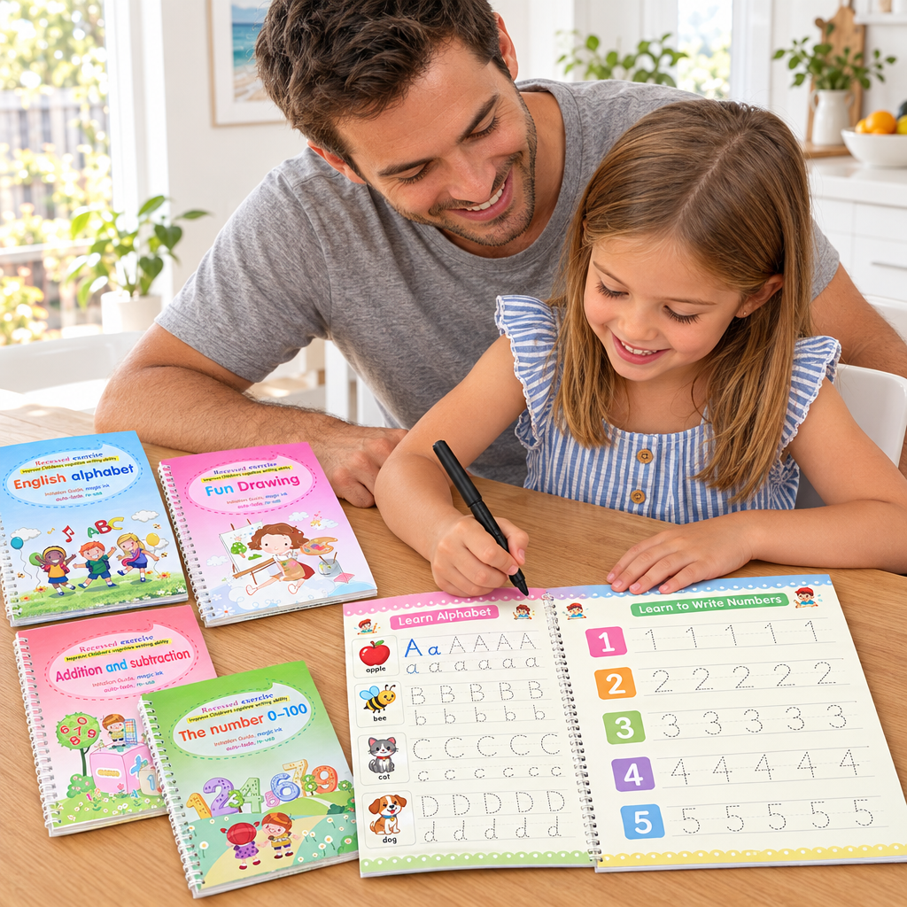 Dad and daughter practising handwriting with the workbooks