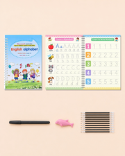 English alphabet workbook next to an open workbook spread, pen, pen grip and refills