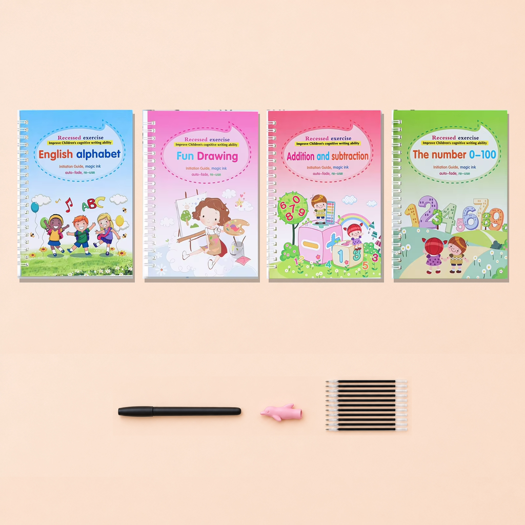 What is in the set: four workbooks, one pen, ten refills and a pen grip